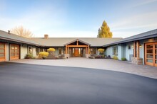 Ranch Entrance With A Double Garage And A Paved Driveway