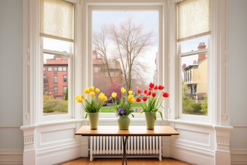 Canvas Print - victorian architecture, bay window with spring blooms