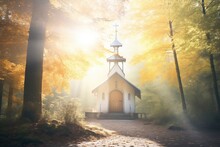 Chapel In A Forest Clearing With Rays Of Sunlight