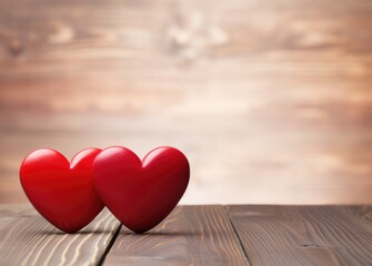 Valentines day background with two red hearts on wooden table