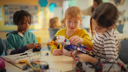 Wall Mural - Diverse Primary School Kids Building a Mechanical Hand with Hydraulic Power. Girls are Testing the Functionality of the Project in Class. Young Engineering Team Create an Innovative Invention