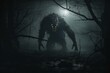 ominous creature lurking amidst misty moonlit woods. Generative AI