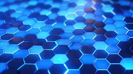 Background with neon blue hexagons arranged in a diamond pattern with a bokeh effect and color grading
