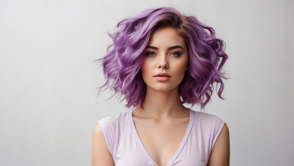 Wall Mural - young woman with violet hair isolated on bright white background