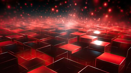 Background with red squares arranged randomly with a neon glow effect and lens flares