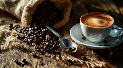 Poster - Close-up of a dark teal ceramic coffee cup full of black coffee, placed on a matching saucer.