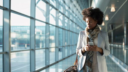 Wall Mural - Woman is standing in an airport terminal, looking at her smartphone with a smile, holding a suitcase, with large windows and a bright, sunlit ambiance behind her.