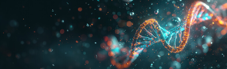 Complex molecular structure of DNA in bright colors on a dark background