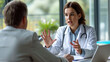 © MP Studio - Female doctor with a stethoscope around her neck is having a conversation with a male patient in a medical office setting.