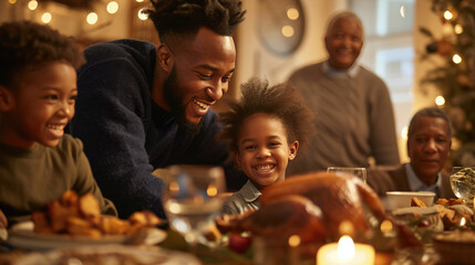 Wall Mural - Family gathered around a dinner table, enjoying a festive meal with a roasted turkey, smiling and engaging in lively conversation.