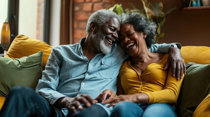 Canvas Print - Senior couple is laughing and embracing each other on a couch, sharing a joyful moment together.