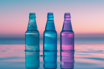 Colored bottles isolated on blue purple background. glass bottles in different colors isolated on colorful background. Set, collection. Glass bottle for the beauty industry blue, pink, purple and othe