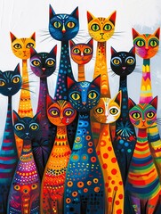 Wall Mural - Cats, funky cats, illustration, white background, nine cat, happy and sympathetic charisma, cats overlap a bit.