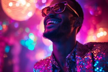 Wall Mural - Stylish man with sunglasses enjoying a party under disco lights, exuding happiness and nightlife vibes.