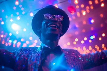 Wall Mural - Man in sparkling jacket and hat with LED glasses at vibrant party with colorful bokeh lights.