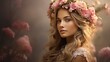 beauty of a woman adorned with a delicately crafted floral pink rose crown