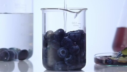 Wall Mural - Fresh blueberries stacked inside a beaker, a stream of pure water is filling it. Blueberries contain quite a few calories and fat but are rich in fiber and antioxidants that are good for health.