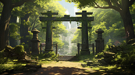Wall Mural - torii forest afternoon anime background illustration