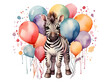 cute baby zebra with colorful balloons on a party