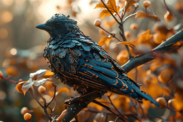 Poster - An image of a cyborg bird with mechanical wings and feathers, perched on a futuristic branch.