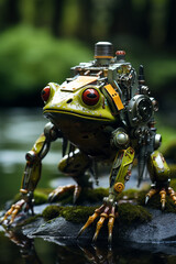 Poster - An image of a biobot with amphibian characteristics, capable of living both in water and on land.