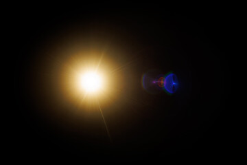 Fototapete - Easy to add lens flare effects for overlay designs or screen blending mode to make high-quality images. Abstract sun burst, digital flare, iridescent glare over black background.