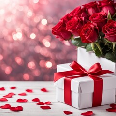 A white gift box with a red bow is framed by red roses and bokeh. Happy Valentine's Day, Mother's Day, 8 March, and Women's Day