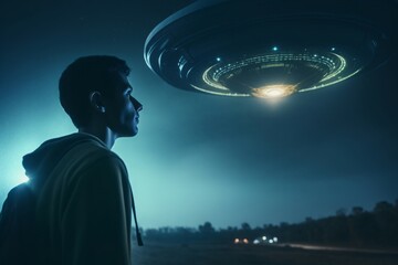 surprised male witness staring at intergalactic ufo spacecraft. celestial outer space alien invasion
