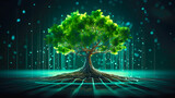Fototapeta  - Growing tree in cyberspace as symbol of ecological IT development. Postproducted generative AI illustration.