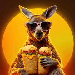 Sticker - A hip kangaroo in shades chowing down on a cheesburger