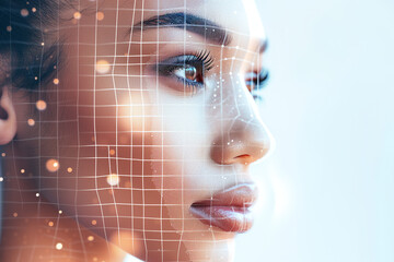 Poster - Portrait beauty woman clear skin with face tracking technology and science,facial treatment,botox,filler,scan security,skin care,cosmetic,beauty technology. beauty concept.