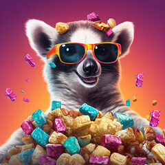 Poster - A laid back lemur wearing shades nibbing on gummy bears