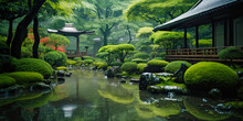 Japanese Traditional Garden In Mild Rainy Weather. Postproducted Generative AI Illustration.