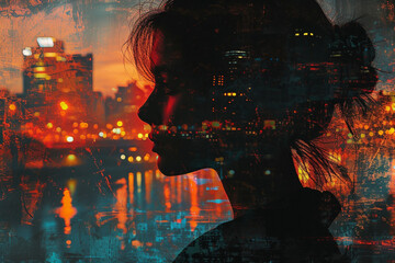 Aufkleber - An illustration of a person's silhouette filled with a vibrant cityscape, symbolizing the dream of urban life and success.