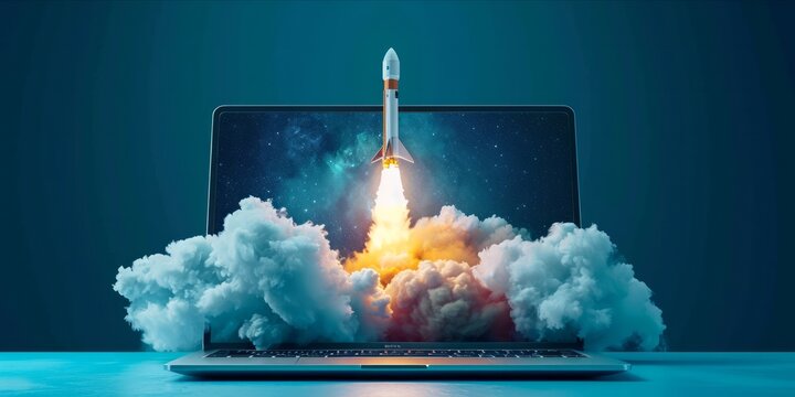 An open laptop with vibrant graphics of a rocket launch emerging from the screen on a blue background.