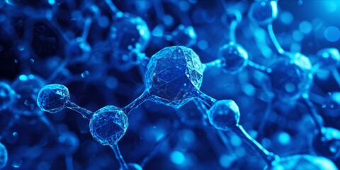Wall Mural - abstract image of molecular structures in blue tones with connections and nodes.