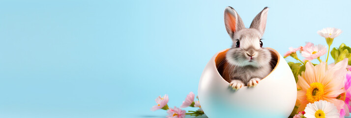 Easter bunny sitting in a cracked egg shell with flower decoration - ai generative