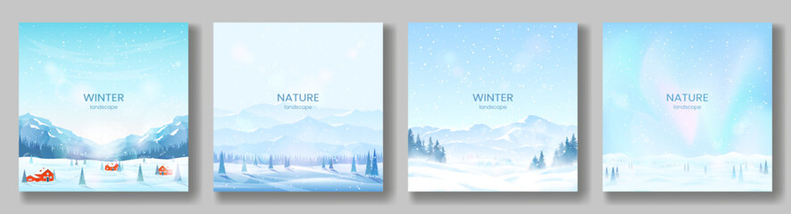 Wall Mural - winter landscapes. a snowy valley with fir trees, mountain peaks, aurora borealis, red houses in a h