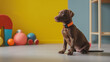 Hund in einem Kinderzimmer mit GPS Halsband und Tracker zur Tierlokalisierung und Gesundheit sowie Verhalten von Haustier überwachen Generative AI