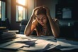 Depressed young woman at workplace desk. Anxious female student at cluttered table. Generate ai