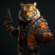 Anthropomorphic tiger holding a gun photorealistic AI Generated pictures