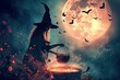 A witch stirring a cauldron with a full moon and bats in the night sky Halloween witch with potion and cauldron