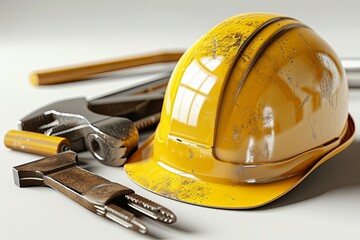 Construction manufacturing tools with yellow safety helmet and labor day worker illustration background