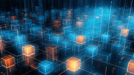 Poster - Dynamic 3d cubes and interconnected lines: abstract technological connections - futuristic digital illustration