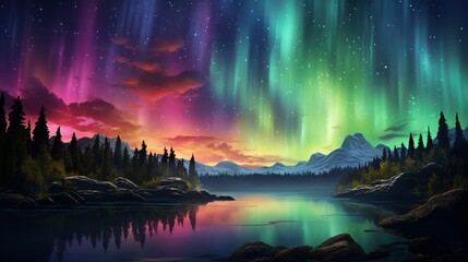 Mesmerizing aurora sky over snow-covered mountains in northern canada.