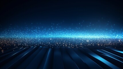 Poster - Dynamic deep blue abstract: mesmerizing digital background with sparkling light particles, evolving into intricate lines, surfaces, and grids