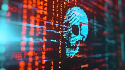 Computer virus malware attack represented by a skull in code on a screen. Cyper security concept.