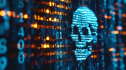 Computer virus malware attack represented by a skull in code on a screen. Cyper security concept.