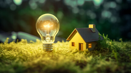 Wall Mural - Small house model and light bulb on the ground for real estate idea concept , eco design , green electricity energy background