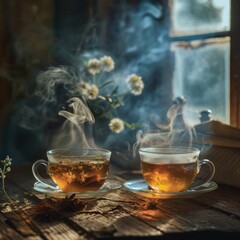 Wall Mural - smoke tea and cold tea bowl together tea